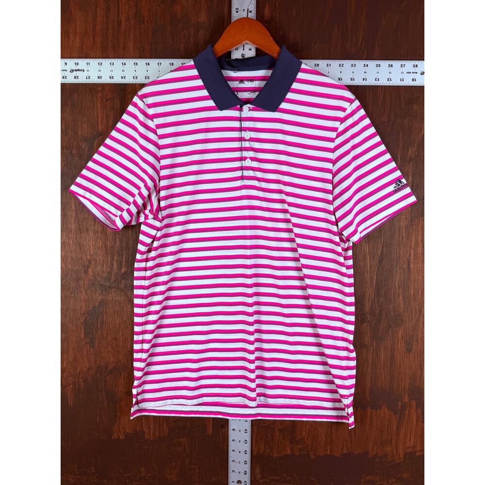Adidas Performance Stretch Golf Activewear Polo Striped Pink Blue Mens Large - Picture 2 of 8